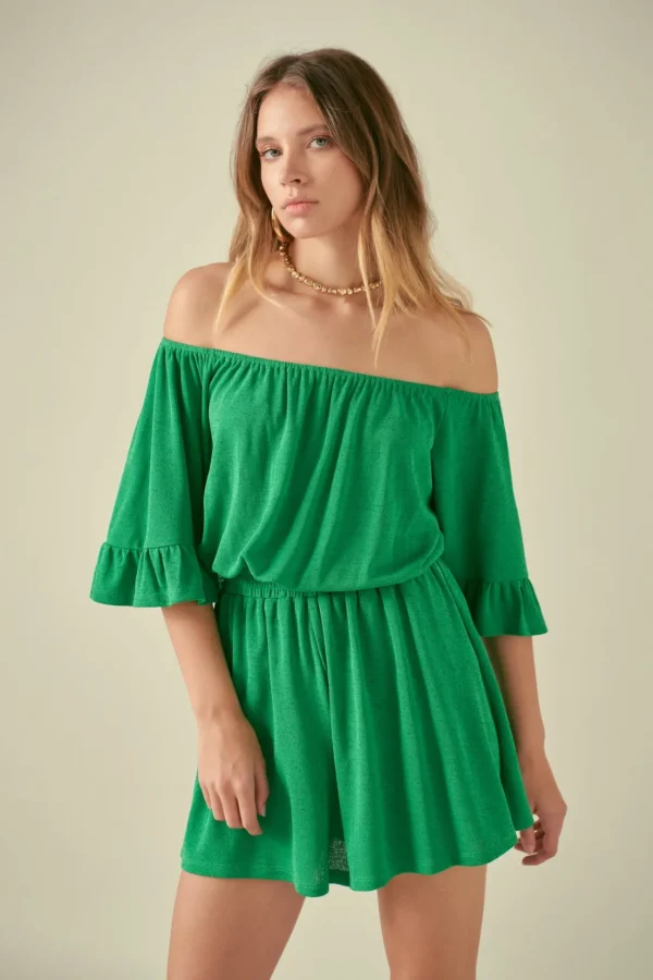 FREE THE ROSES Tops*- Off the Shoulder Knit Romper GREEN