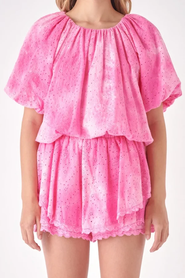 FREE THE ROSES Tops*- Paisely Eyelet Balloon Top with Tie-dye Effect PINK