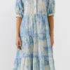 FREE THE ROSES Puff Sleeve | Tops*- Paisely Eyelet Midi Dress with Tie-dye Effect BLUE