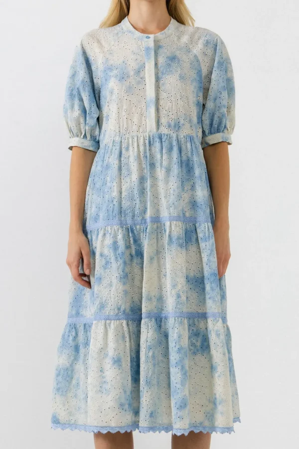 FREE THE ROSES Puff Sleeve | Tops*- Paisely Eyelet Midi Dress with Tie-dye Effect BLUE