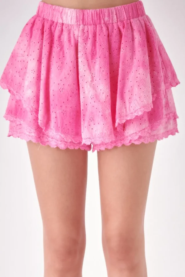FREE THE ROSES Tops*- Paisely Eyelet Ruffle Skort with Tie-dye Effect PINK