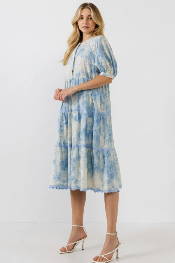 FREE THE ROSES Puff Sleeve | Tops*- Paisely Eyelet Midi Dress with Tie-dye Effect BLUE