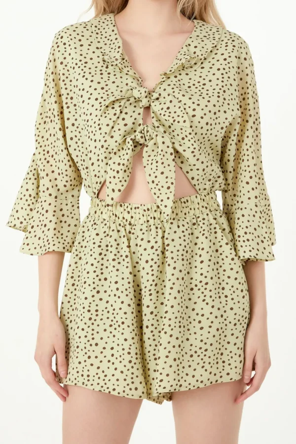 FREE THE ROSES Tops*- Polka Dot Tied Romper with Ruffles PISTACHIO