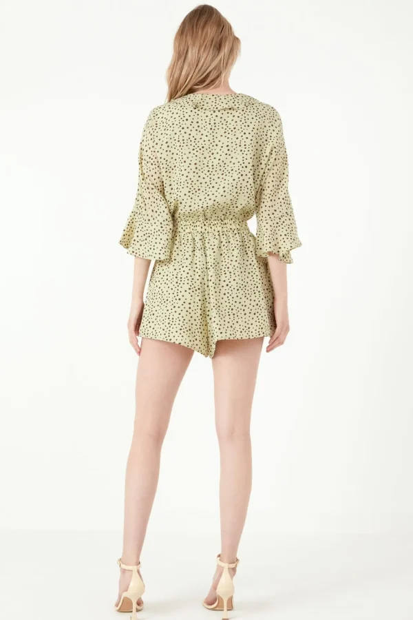 FREE THE ROSES Tops*- Polka Dot Tied Romper with Ruffles PISTACHIO