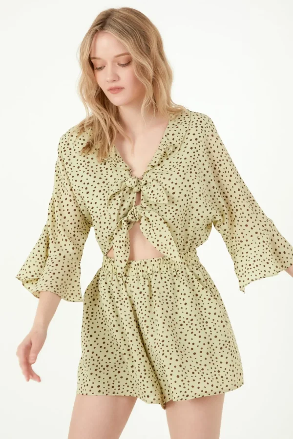 FREE THE ROSES Tops*- Polka Dot Tied Romper with Ruffles PISTACHIO