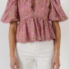 FREE THE ROSES Shirts & Blouses | Tops*- Puff Sleeve Ruffled V Blouse PINK