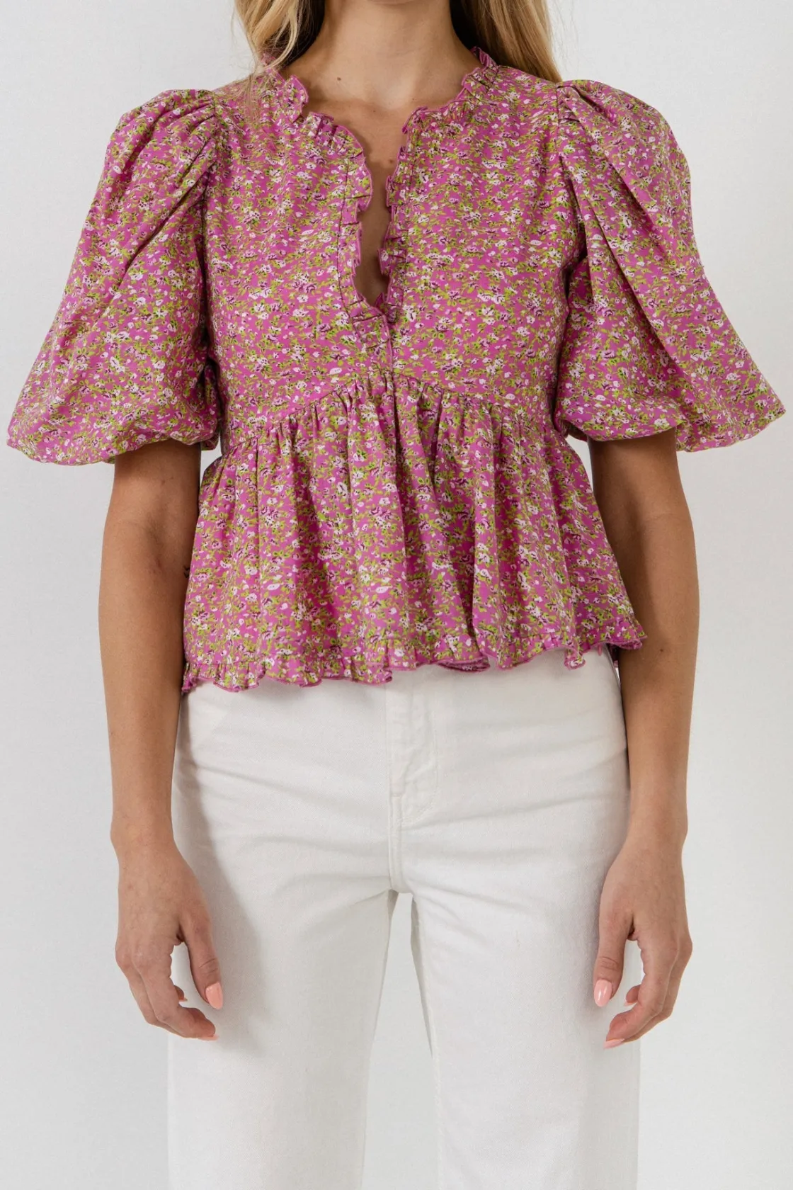 free_the_roses___puff_sle_0-1.webp FREE THE ROSES Shirts & Blouses | Tops*- Puff Sleeve Ruffled V Blouse PINK