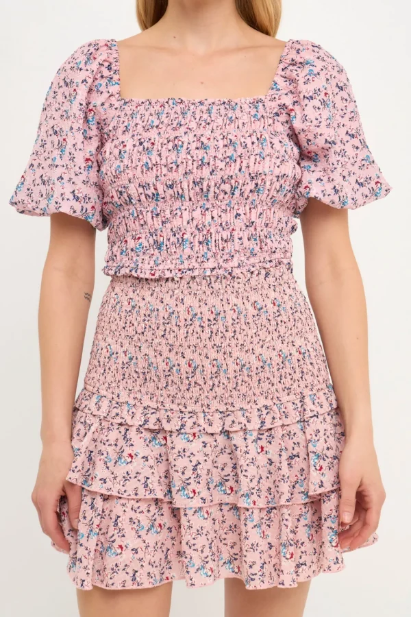 FREE THE ROSES Tops*- Puff Sleeve Smocked Floral Bandeau PINK