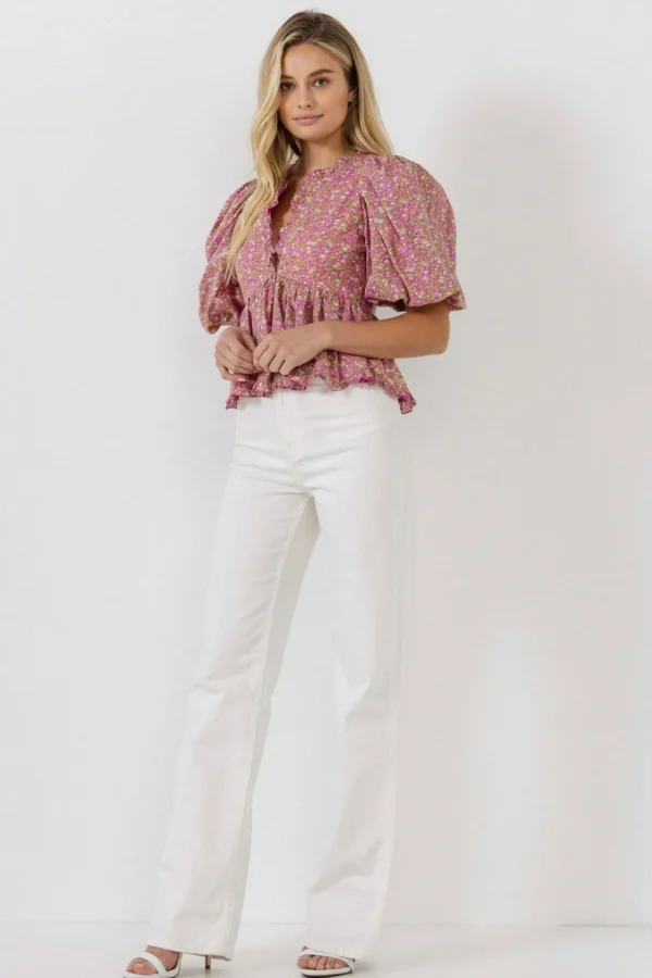 FREE THE ROSES Shirts & Blouses | Tops*- Puff Sleeve Ruffled V Blouse PINK
