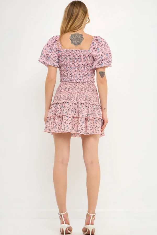 FREE THE ROSES Tops*- Puff Sleeve Smocked Floral Bandeau PINK