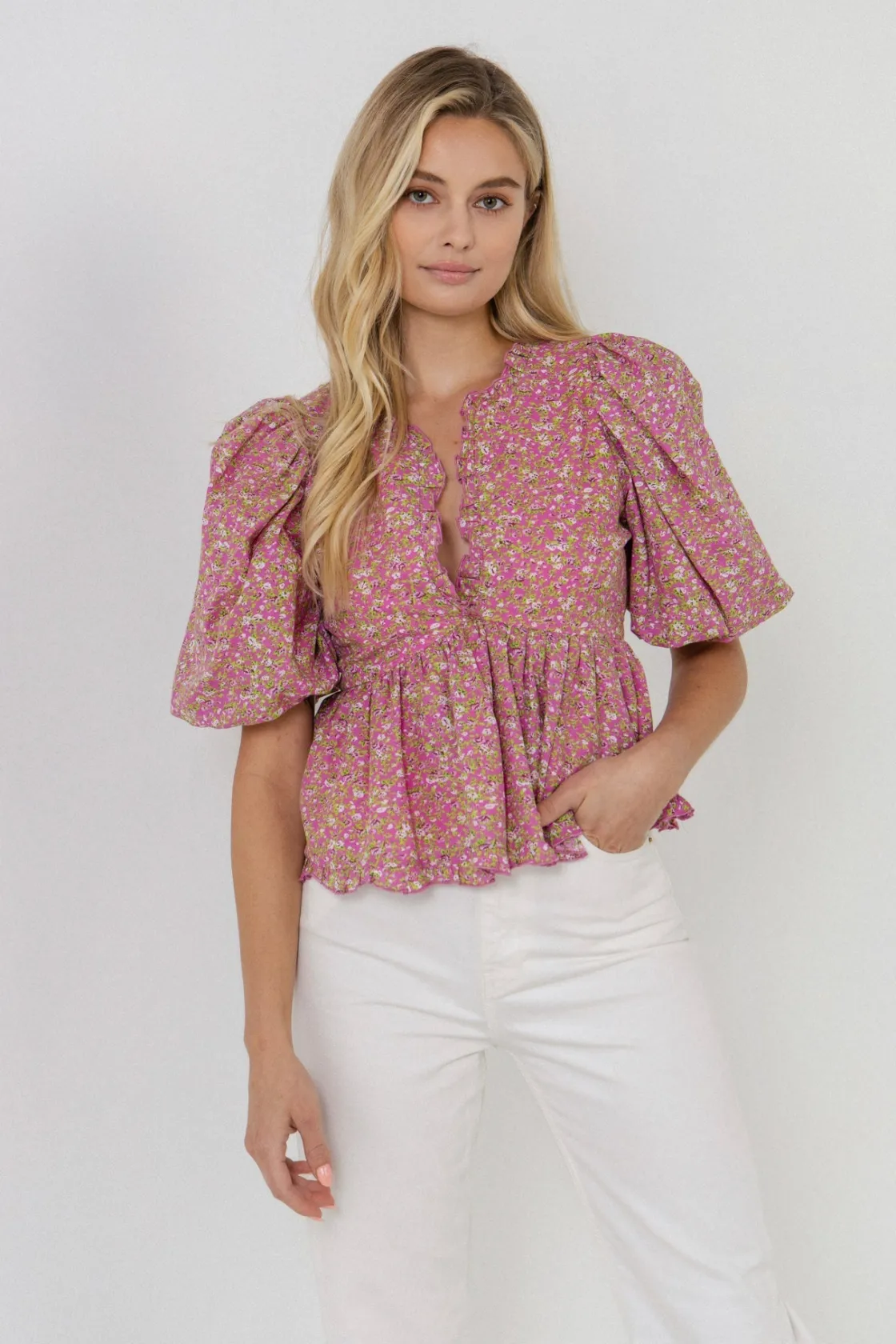 free_the_roses___puff_sle_3-1.webp FREE THE ROSES Shirts & Blouses | Tops*- Puff Sleeve Ruffled V Blouse PINK