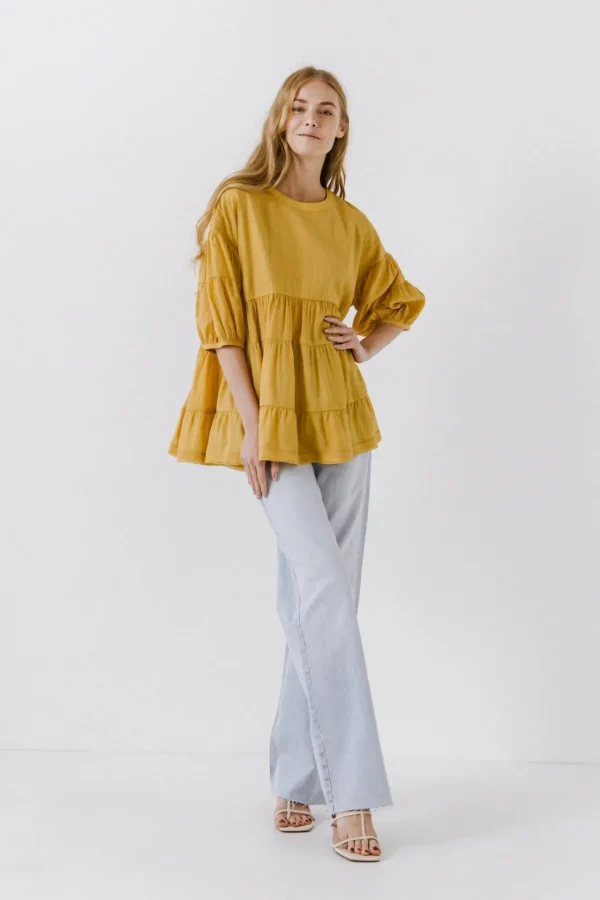 FREE THE ROSES Shirts & Blouses | Tops*- Round Neck Tiered Flowy Blouse MUSTARD