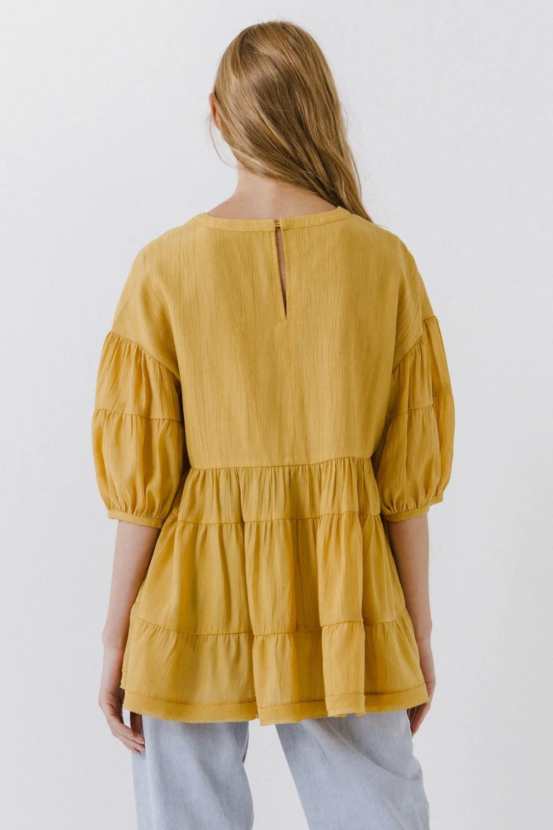 free_the_roses___round_ne_2.webp FREE THE ROSES Shirts & Blouses | Tops*- Round Neck Tiered Flowy Blouse MUSTARD