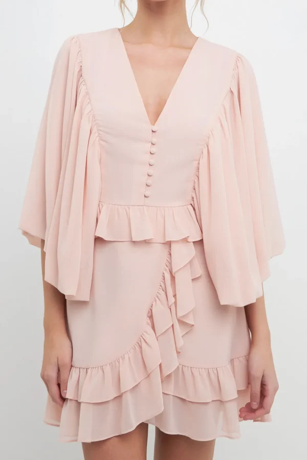 FREE THE ROSES Puff Sleeve | Tops*- Ruffle Detail with Puff Sleeve Mini Dress NUDEPINK