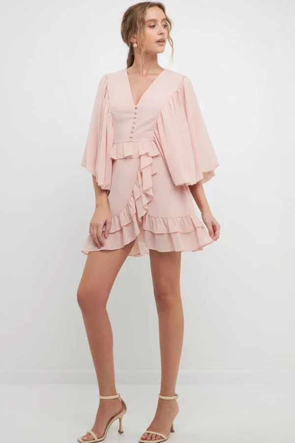 FREE THE ROSES Puff Sleeve | Tops*- Ruffle Detail with Puff Sleeve Mini Dress NUDEPINK