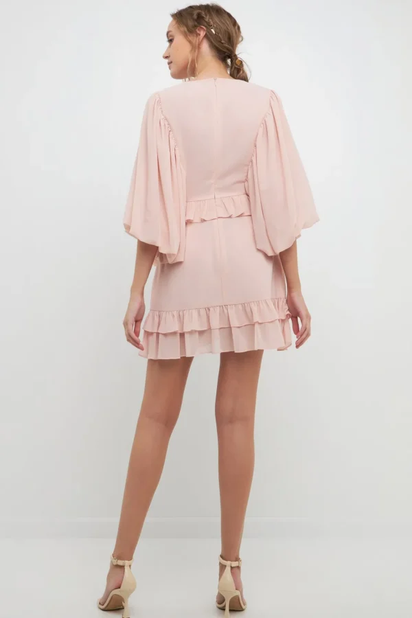 FREE THE ROSES Puff Sleeve | Tops*- Ruffle Detail with Puff Sleeve Mini Dress NUDEPINK