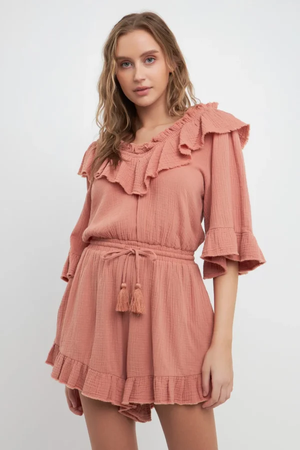 FREE THE ROSES Tops*- Ruffle Detail Romper RUST