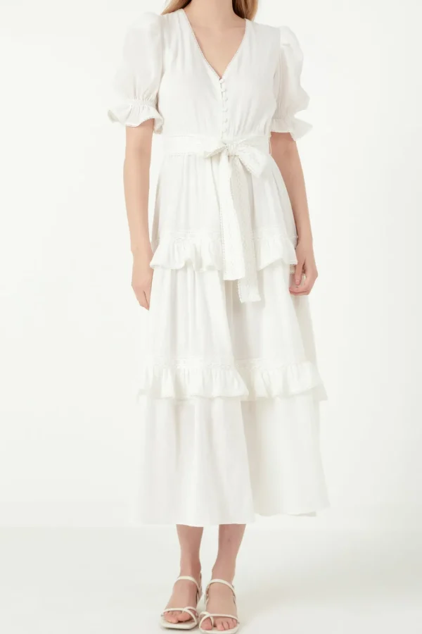 FREE THE ROSES Lace Dresses | White Dresses*- Ruffled Lace Trim Duster Maxi Dress WHITE