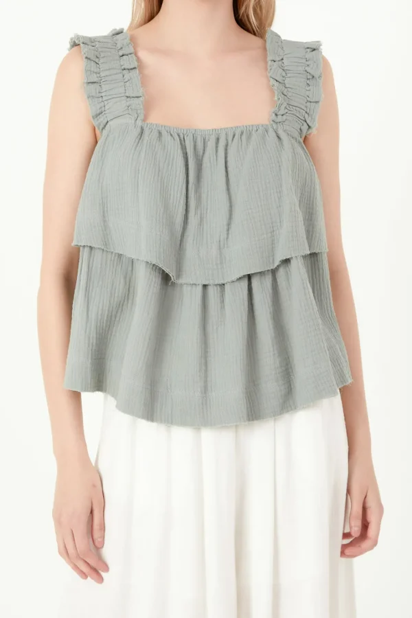 FREE THE ROSES Tops*- Ruffled Straps with Tiered Top DUSTYGREEN