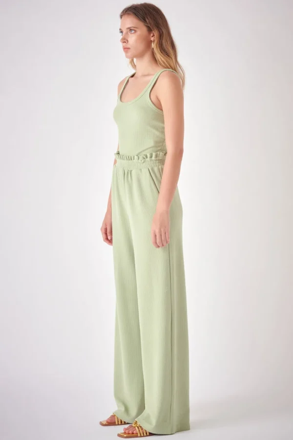 FREE THE ROSES Pants | Tops*- Ruffled Wide Knit Pants GREEN