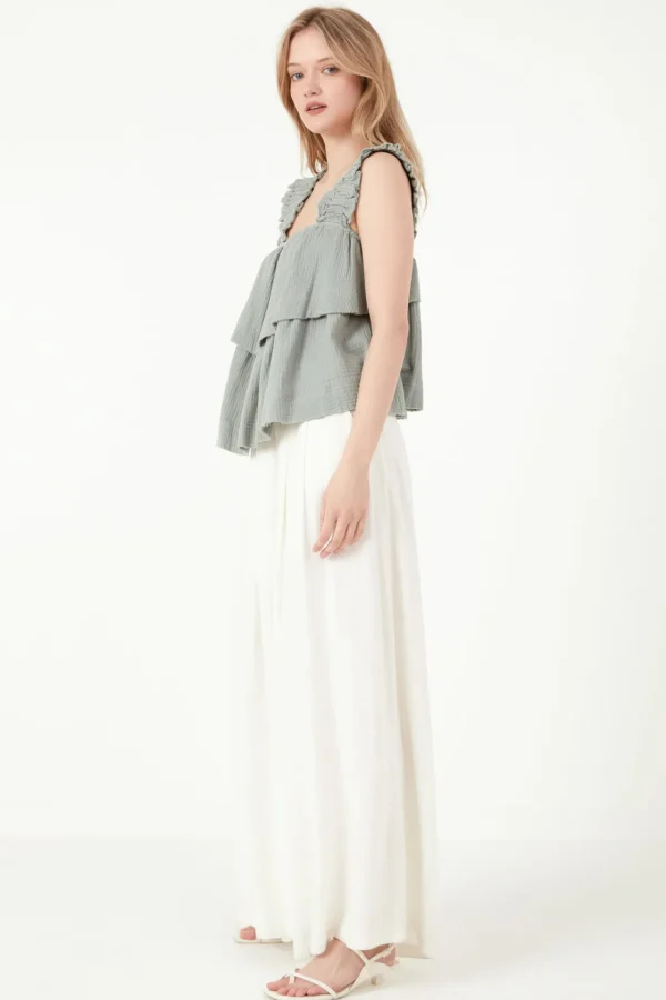 FREE THE ROSES Tops*- Ruffled Straps with Tiered Top DUSTYGREEN