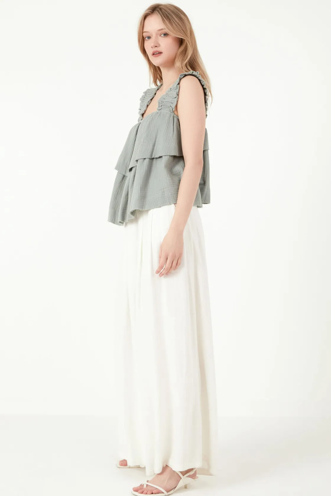 free_the_roses___ruffled__1.webp FREE THE ROSES Tops*- Ruffled Straps with Tiered Top DUSTYGREEN