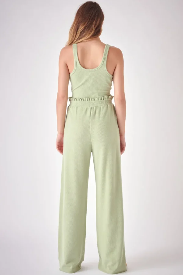 FREE THE ROSES Pants | Tops*- Ruffled Wide Knit Pants GREEN