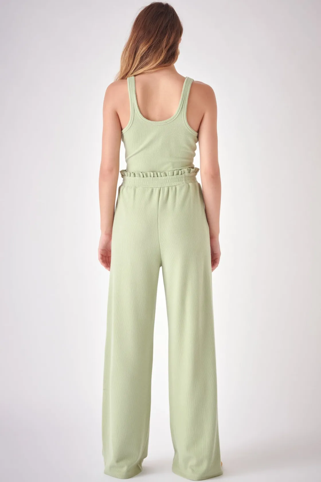 free_the_roses___ruffled__2-1.webp FREE THE ROSES Pants | Tops*- Ruffled Wide Knit Pants GREEN