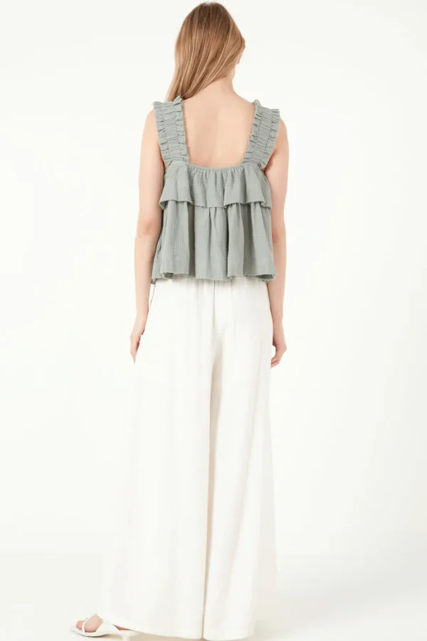 FREE THE ROSES Tops*- Ruffled Straps with Tiered Top DUSTYGREEN