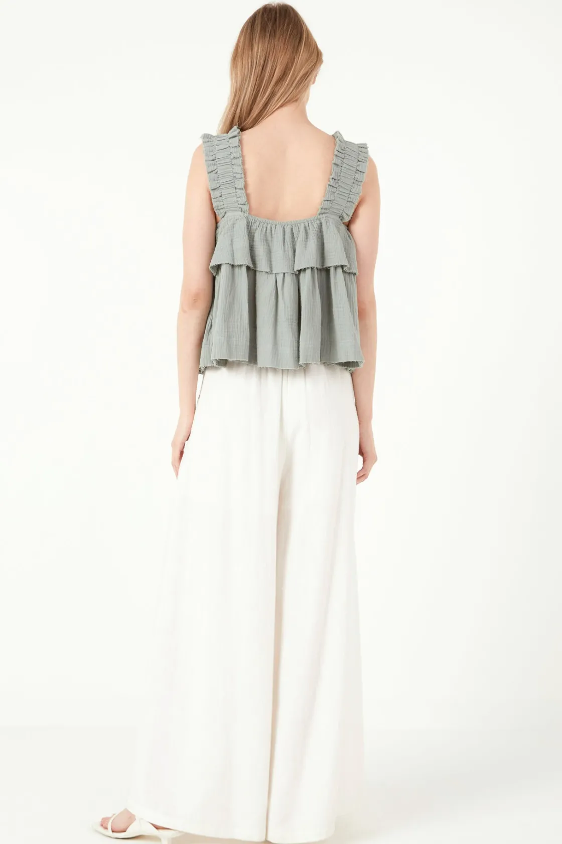 free_the_roses___ruffled__2.webp FREE THE ROSES Tops*- Ruffled Straps with Tiered Top DUSTYGREEN