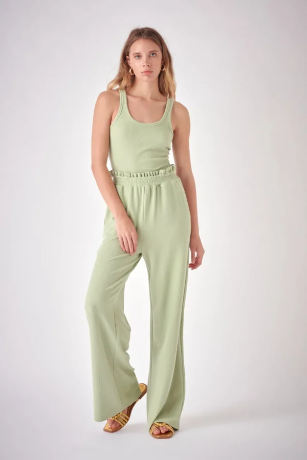 FREE THE ROSES Pants | Tops*- Ruffled Wide Knit Pants GREEN