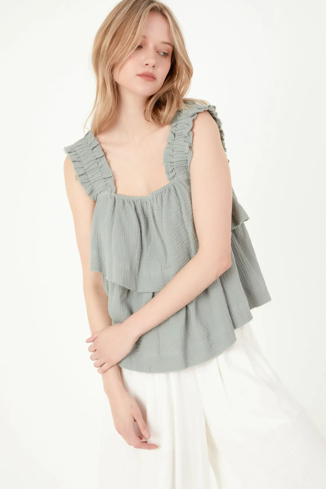 free_the_roses___ruffled__3.webp FREE THE ROSES Tops*- Ruffled Straps with Tiered Top DUSTYGREEN