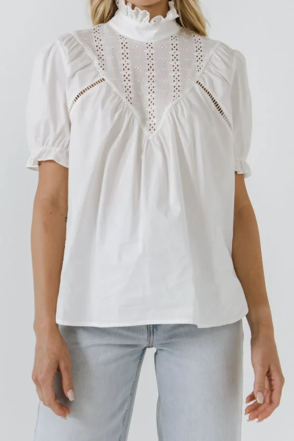 FREE THE ROSES Shirts & Blouses | Tops*- Short Sleeve Lace Yoke Blouse WHITE