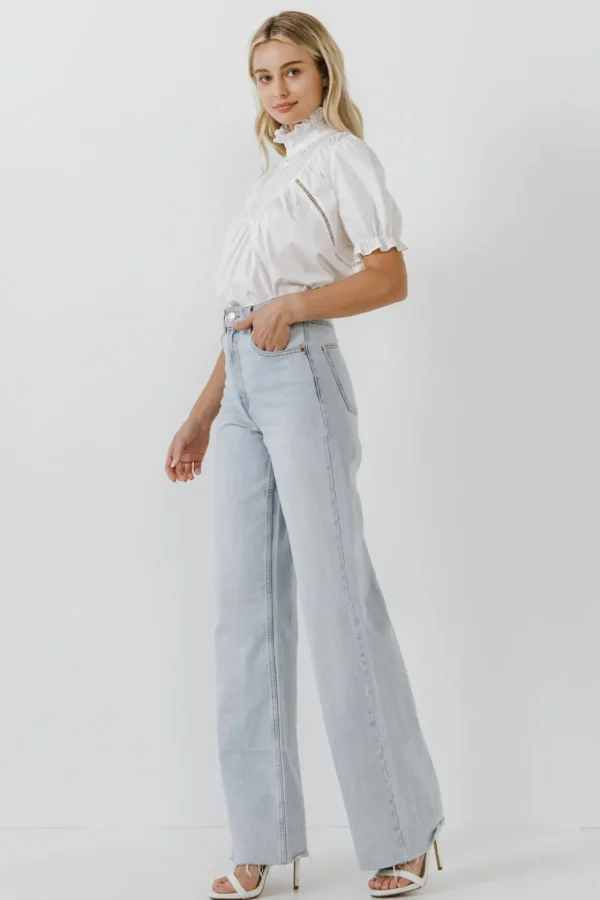 FREE THE ROSES Shirts & Blouses | Tops*- Short Sleeve Lace Yoke Blouse WHITE