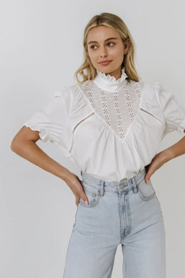 FREE THE ROSES Shirts & Blouses | Tops*- Short Sleeve Lace Yoke Blouse WHITE
