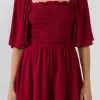 FREE THE ROSES Tops*- Smocked Romper BURGUNDY