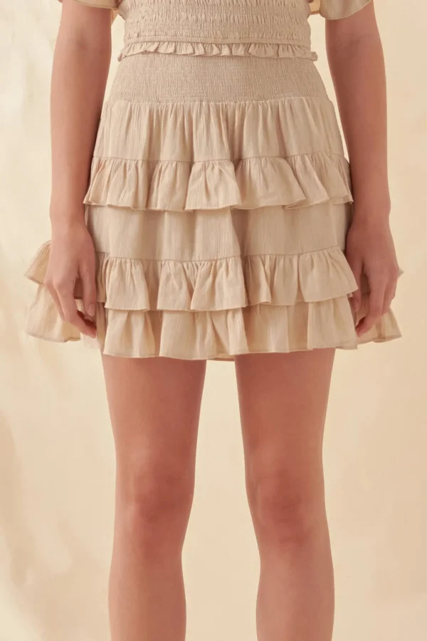 FREE THE ROSES Skirts | Tops*- Smocked Ruffled Mini Skirt BEIGE