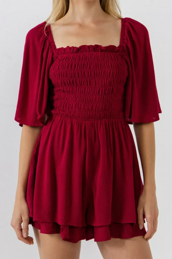 FREE THE ROSES Tops*- Smocked Romper BURGUNDY