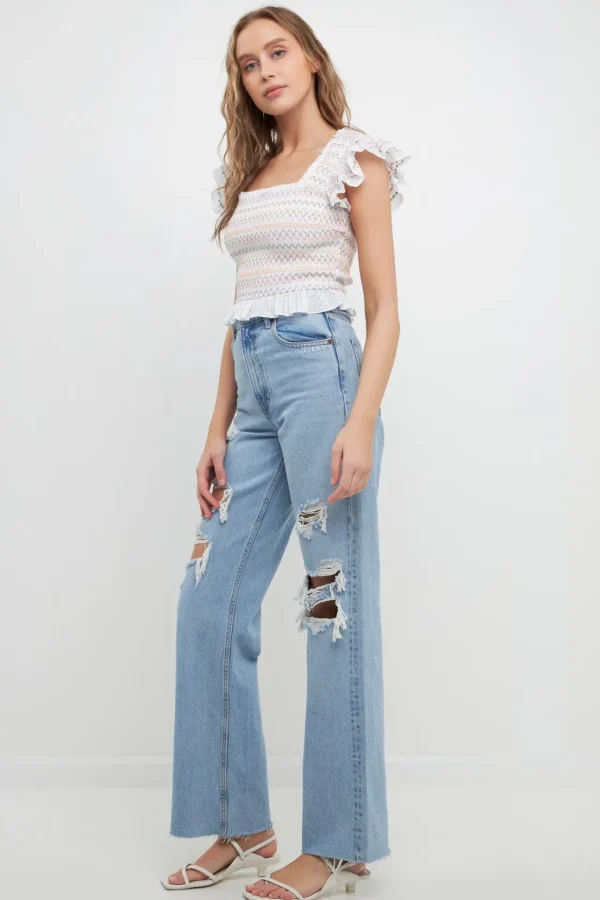 FREE THE ROSES Tops*- Smocked Multi Color Embroidered Crop Top WHITE