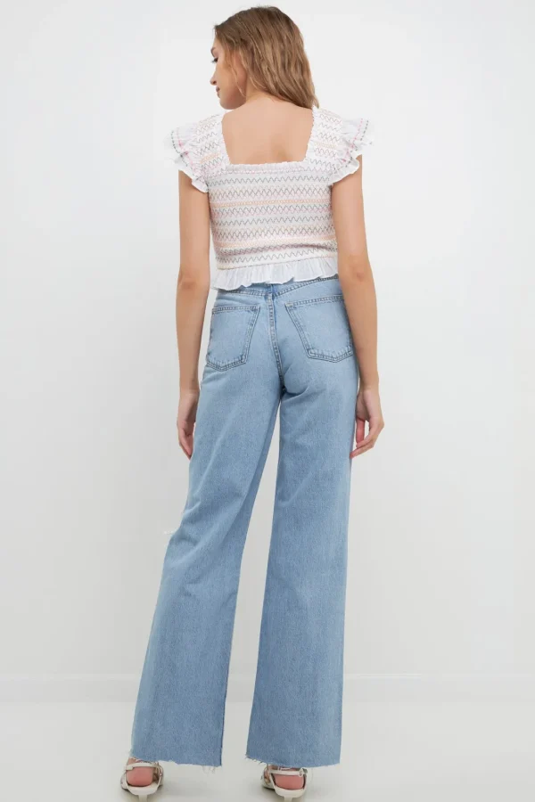 FREE THE ROSES Tops*- Smocked Multi Color Embroidered Crop Top WHITE