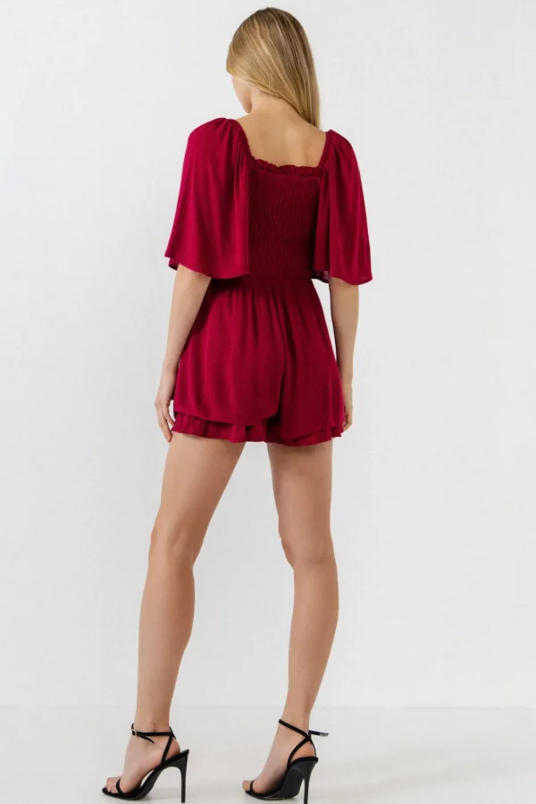 FREE THE ROSES Tops*- Smocked Romper BURGUNDY