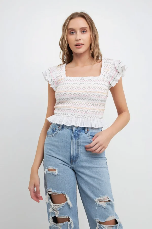 FREE THE ROSES Tops*- Smocked Multi Color Embroidered Crop Top WHITE