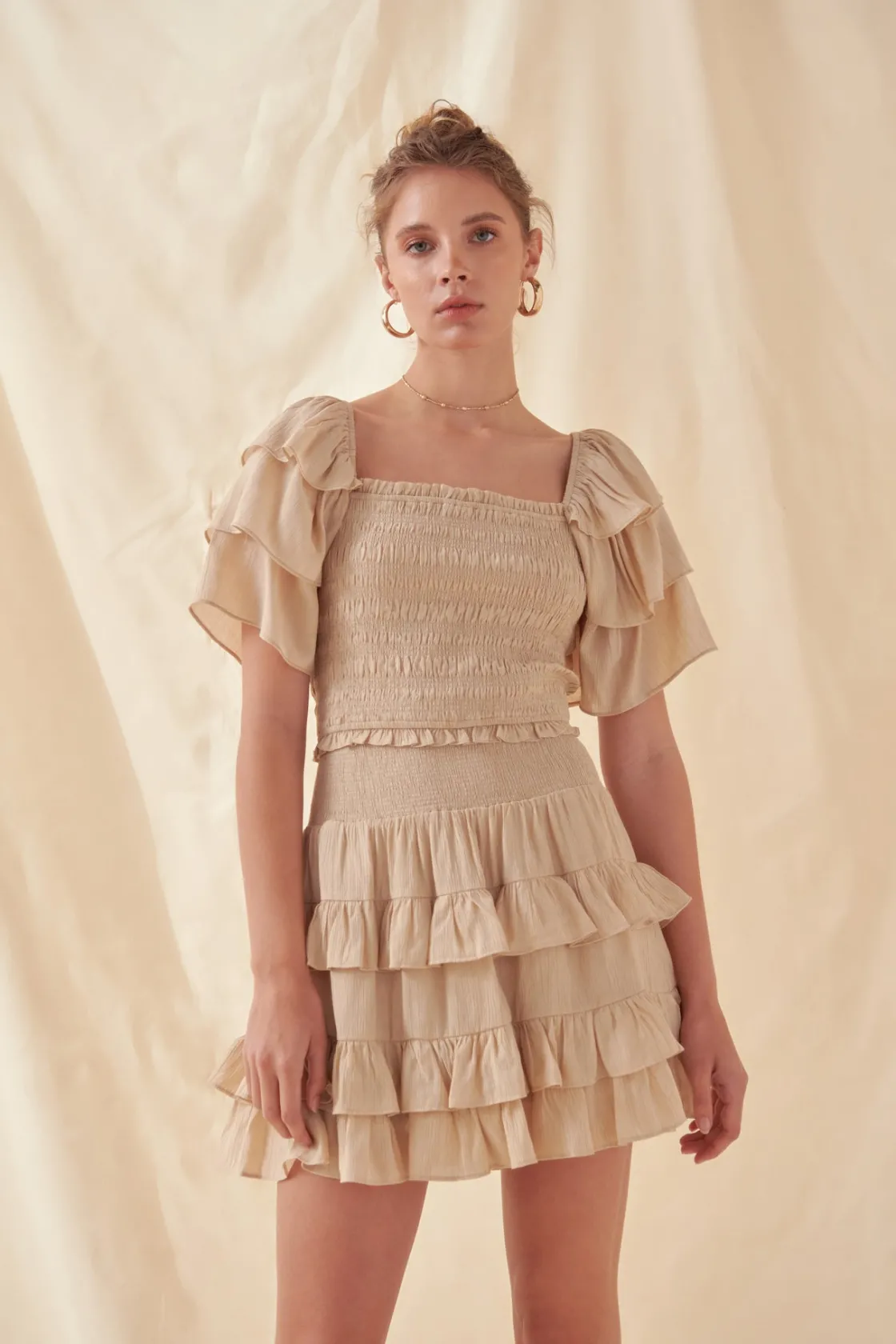 free_the_roses___smocked__3-4.webp FREE THE ROSES Skirts | Tops*- Smocked Ruffled Mini Skirt BEIGE