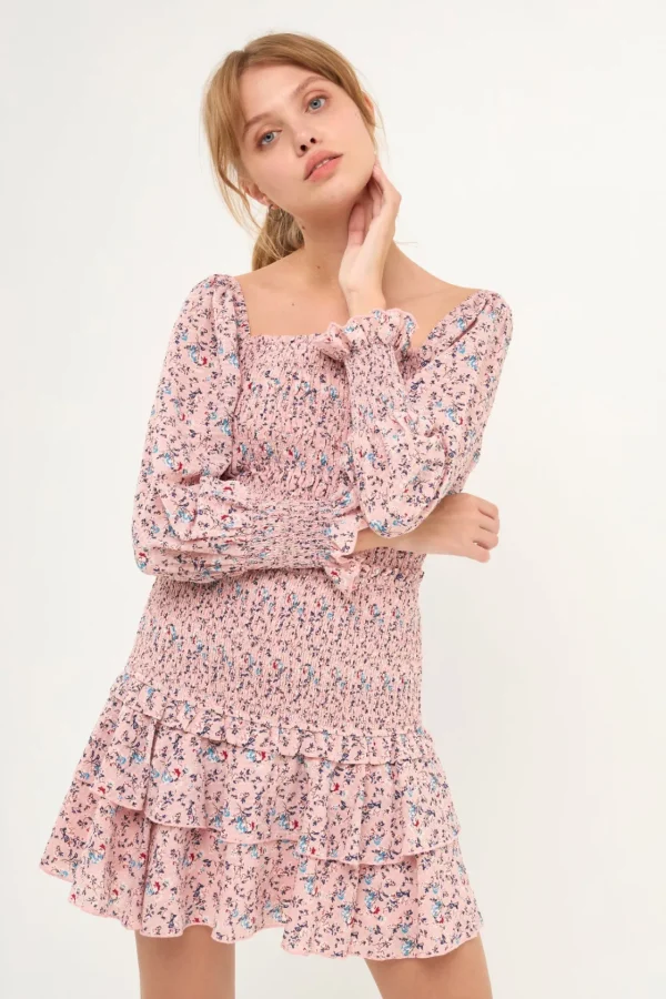 FREE THE ROSES Skirts | Tops*- Smocked Textured Floral Tiered Mini Skirt PINK