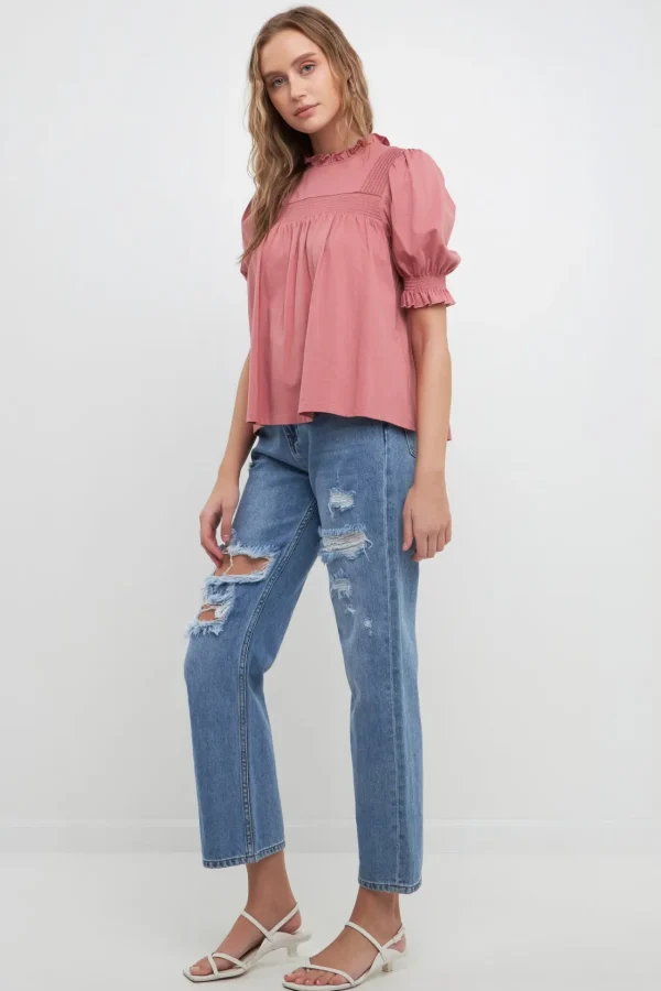 FREE THE ROSES Tops*- Smocking Yoke T-Shirt MAUVE
