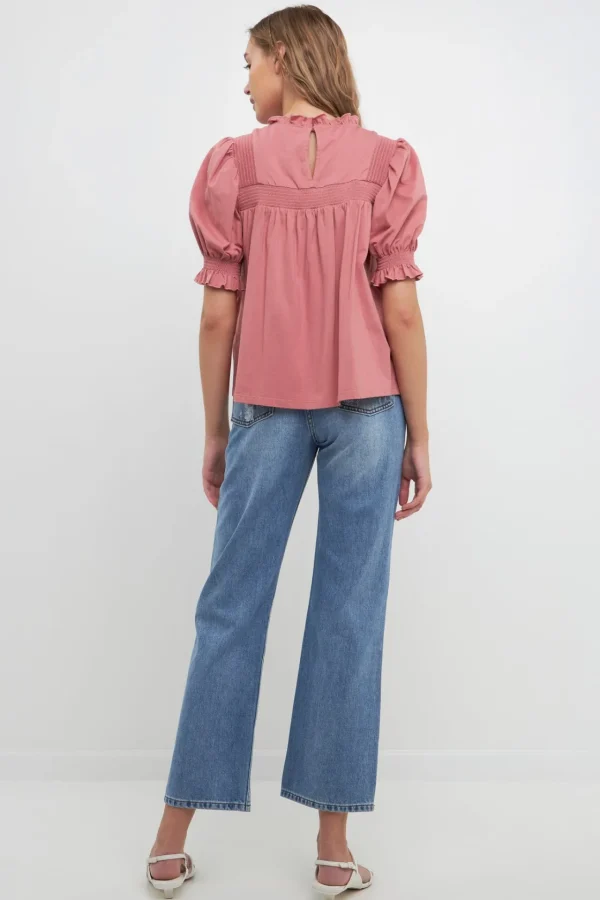 FREE THE ROSES Tops*- Smocking Yoke T-Shirt MAUVE