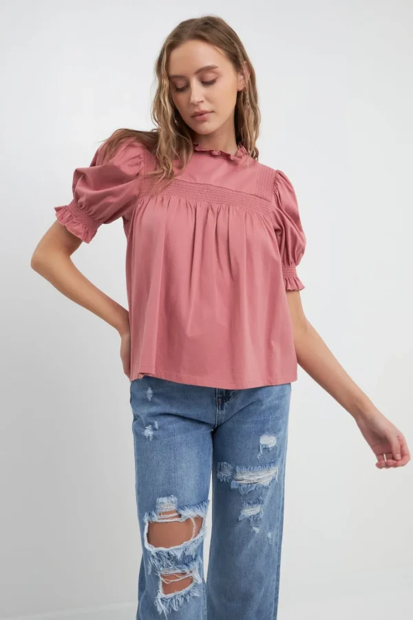FREE THE ROSES Tops*- Smocking Yoke T-Shirt MAUVE