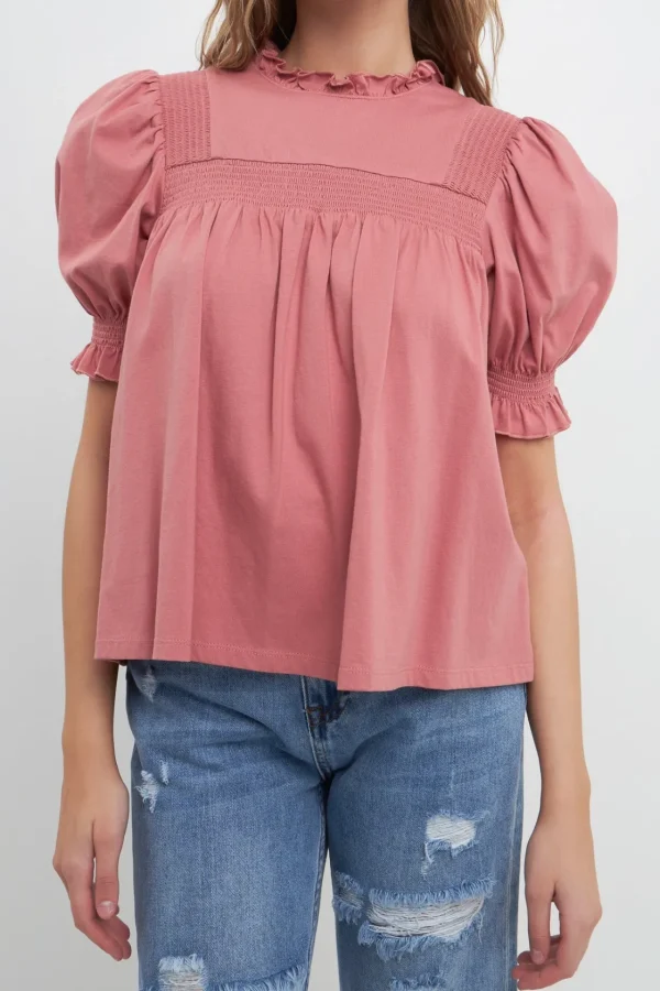 FREE THE ROSES Tops*- Smocking Yoke T-Shirt MAUVE