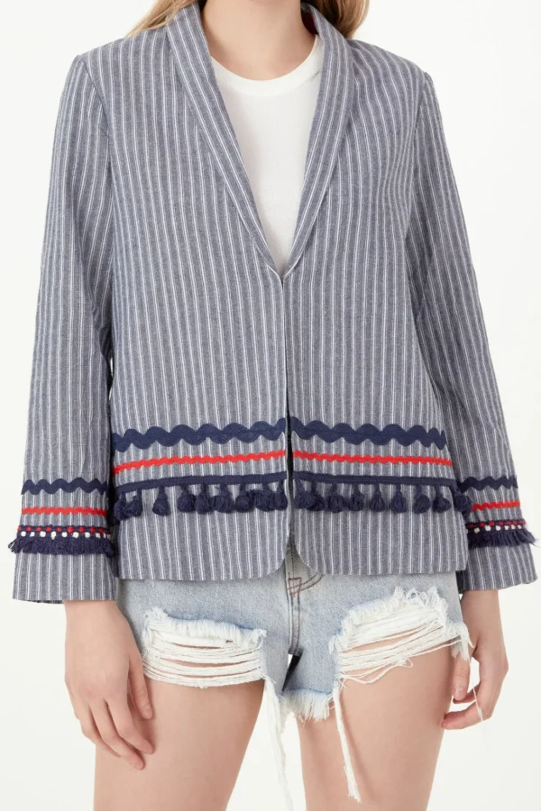 FREE THE ROSES Blazers | Tops*- Striped Trim Detail Blazer NAVY