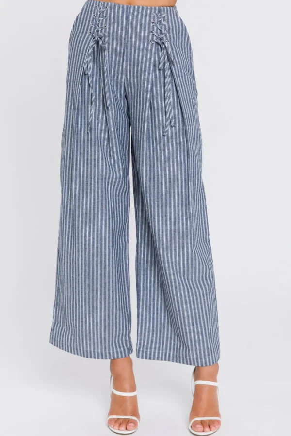 FREE THE ROSES Pants*- Striped Lace-up Pants NAVY